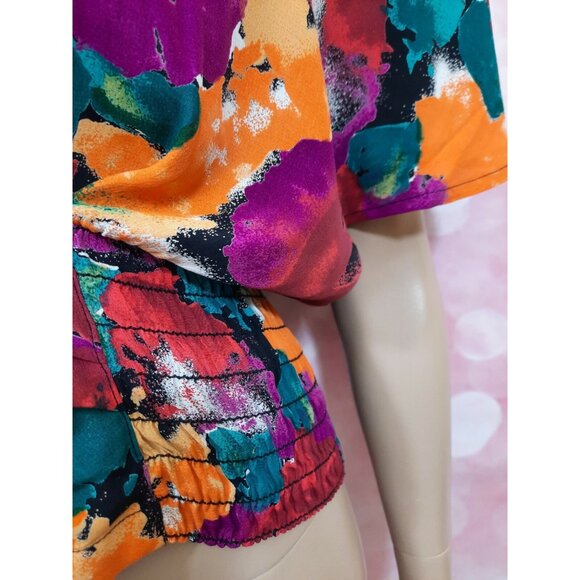 Vintage 80s Carole Little Floral Flutter Sleeve Top Size L Rayon Crepe Faux Wrap - Picture 3 of 11